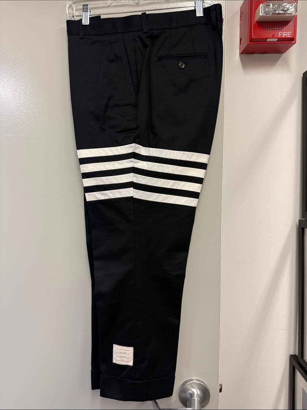 Thom Browne Men's navy heavy cotton Trousers with White Stripe Detail